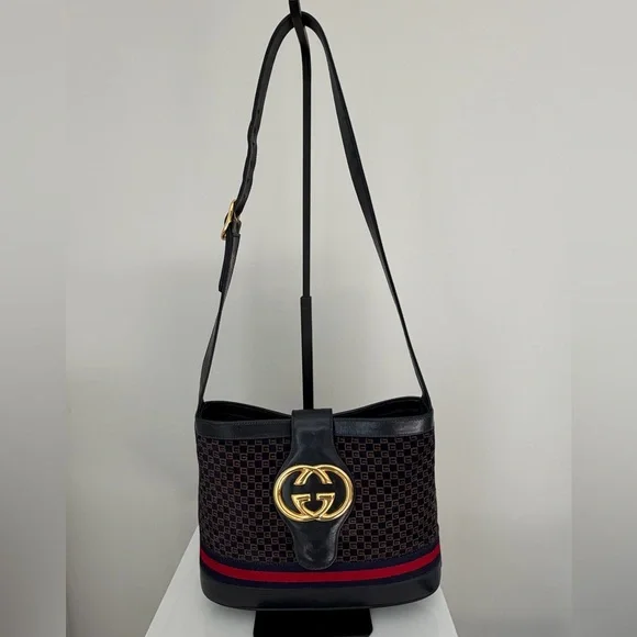 Gucci Navy Suede GG Monogram Web Stripe Shoulder Bag - Vintage - Picture 2 of 11